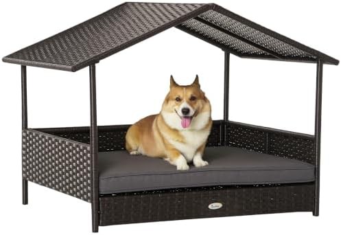 Brown Wicker Dog Bed with Canopy