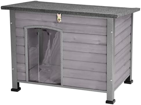 Grey wooden dog house with iron frame