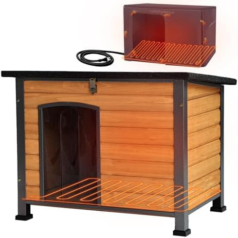 Brown heated kennel with iron frame