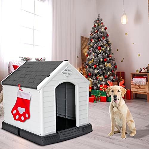 Grey plastic dog house with air vents