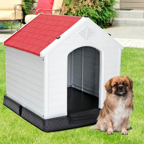 Red plastic puppy shelter with elevated floor