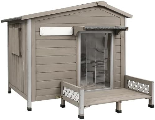 Grey wooden outdoor kennel for large dogs