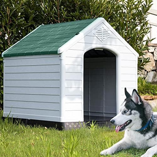 Green plastic weatherproof dog house with vents