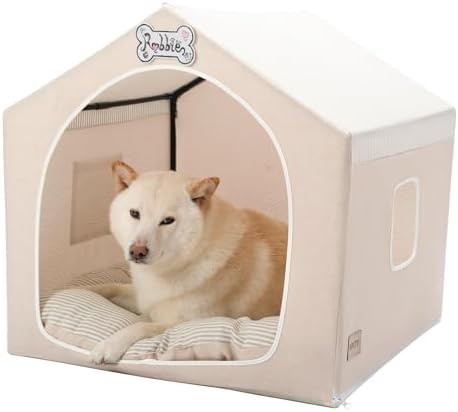 Beige indoor tent dog bed with frame