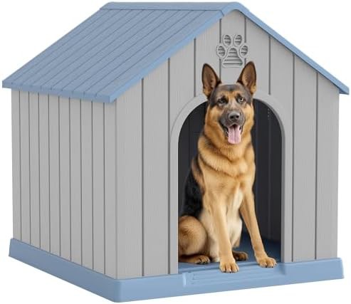 Blue elevated plastic dog house with vents