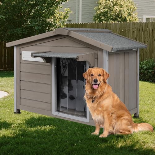 Wooden dog house with waterproof door curtain