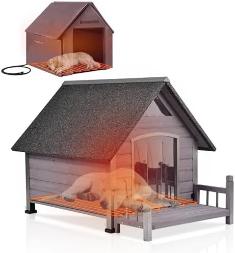 Grey heated dog house with elevated porch