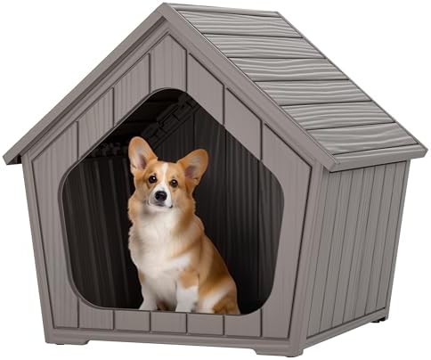 Small grey plastic dog house with vents