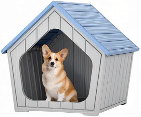 Small blue plastic dog house with vents