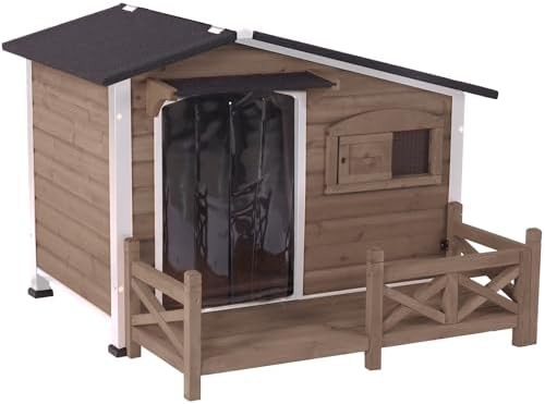 Dark brown wooden dog house with porch and window