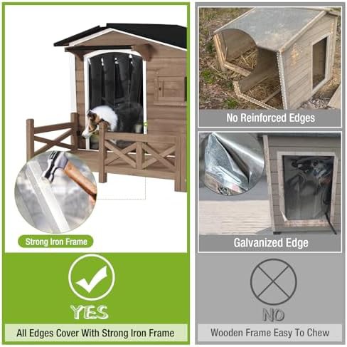 Dark brown wooden dog house with porch and window — photo 3