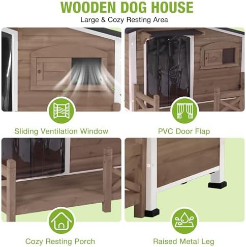 Dark brown wooden dog house with porch and window — photo 5