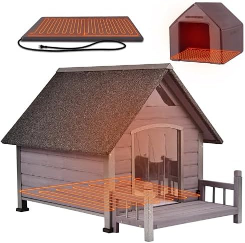 Wooden outdoor dog house with heated pad