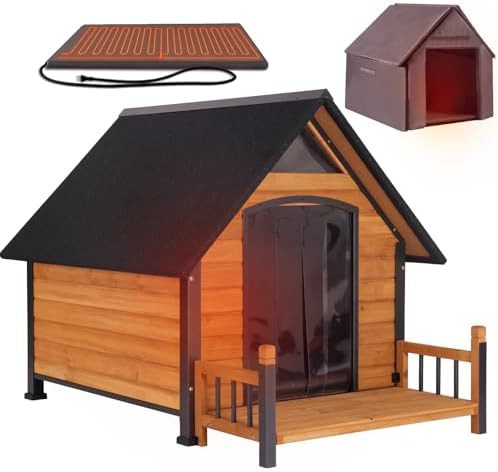 Medium wooden dog house with heated pad