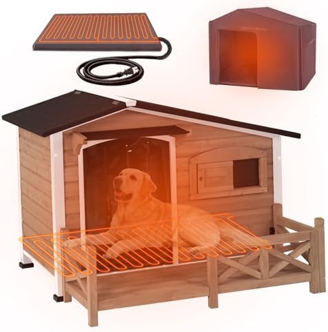 Light brown heated kennel with porch