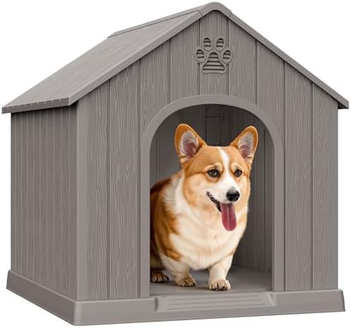 Grey elevated weatherproof dog house with vents