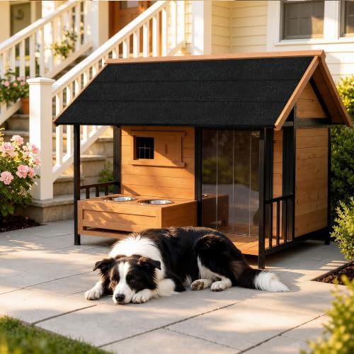 Large wooden dog house with porch and bowls