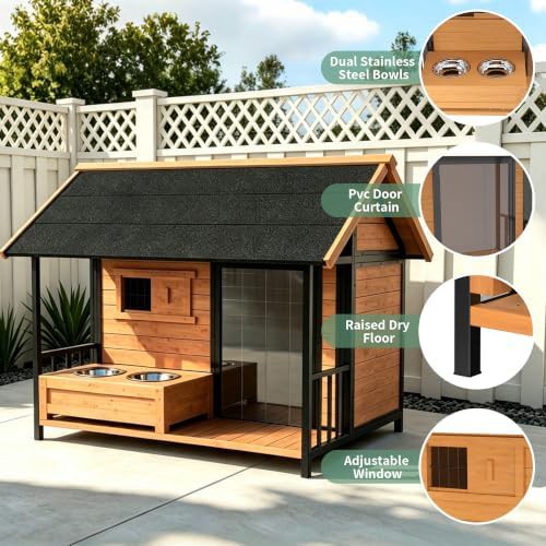 Large wooden dog house with porch and bowls — photo 3