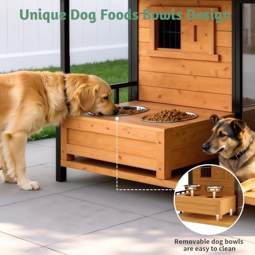 Large wooden dog house with porch and bowls — photo 4