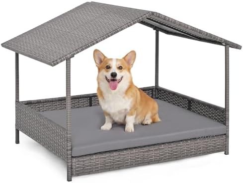 Grey wicker pet bed with canopy
