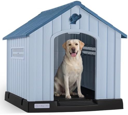 Blue plastic dog house with air vents