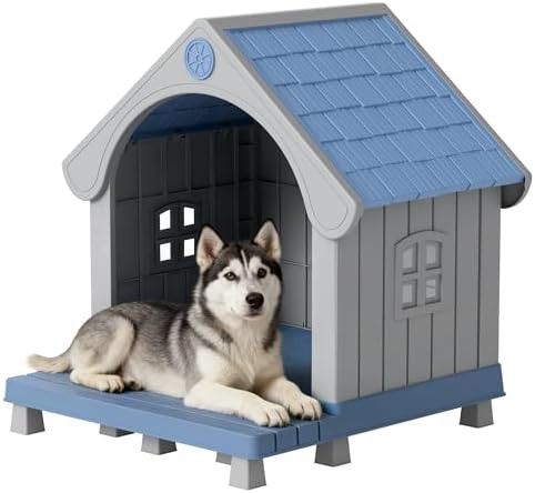 Blue plastic dog house with integrated porch