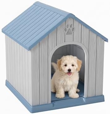 Blue plastic doghouse for small to medium dogs