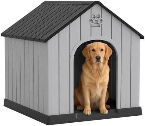 Black elevated vented plastic dog house