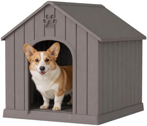 Standard grey outdoor dog house with air vents