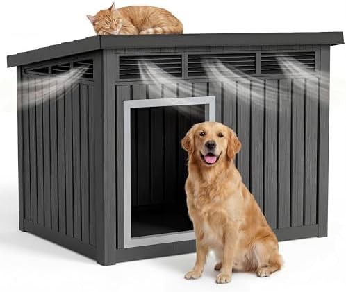 Large black resin kennel with sloped roof