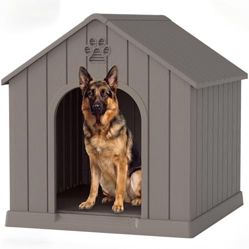 Classic grey elevated dog house with air vents